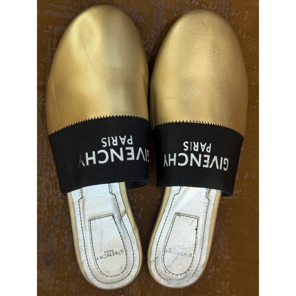 Givenchy Paris Gold Metallic Leather Logo Elastic Flat Mules Slides Size 37